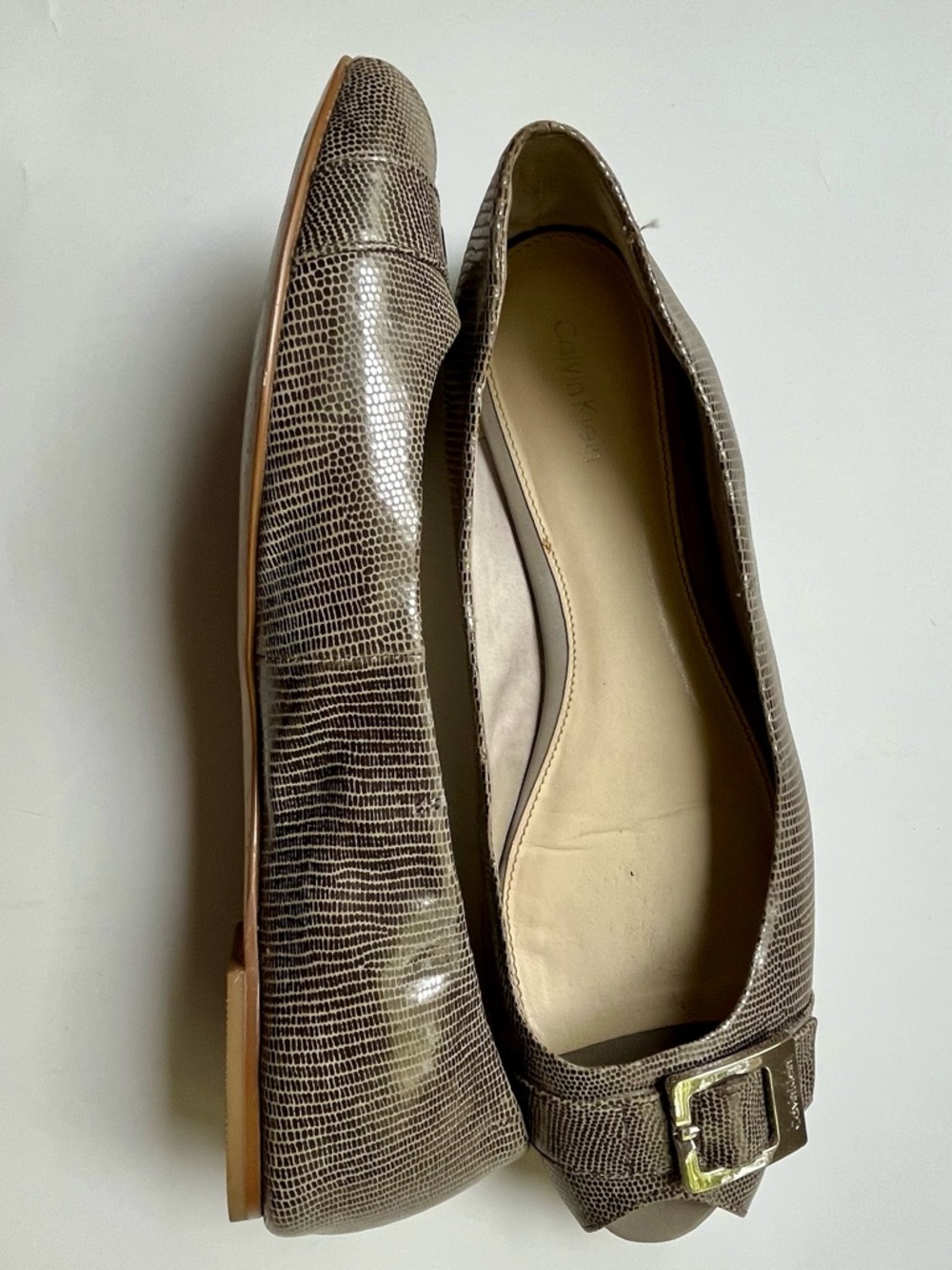 Calvin Klein Taupe Peep-Toe Flats with Buckle Accent